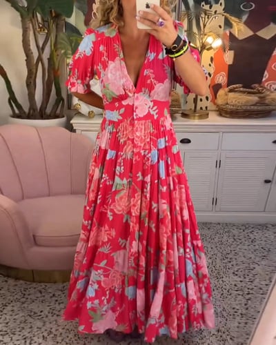 Ellis | V-Ausschnitt Blumenweinendes Kleid